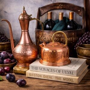 Vintage 3 Pieces Copper Brass Tea Coffee Set Turkish Ewer Portuguese Kettle Pan